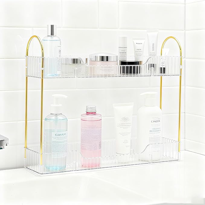 Bathroom Countertop Organizer, 2-Tier Slim Vanity Storage Rack for Bathroom Sink, Narrow Counter Organizer for Toiletries Skincare Perfume with Clear Plastic Trays