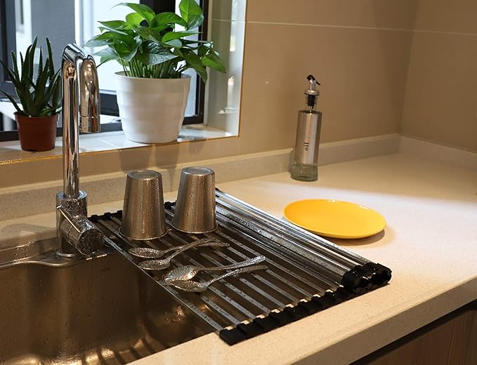 Ahyuan Roll up Dish Drying Rack Over The Sink Dish Drying Rack Square Tubes Dish Rack Over Sink Dish Racks for Kitchen Counter RV Camper Accessories for Travel Trailers (Black, 17.8''Wx17.2''L)