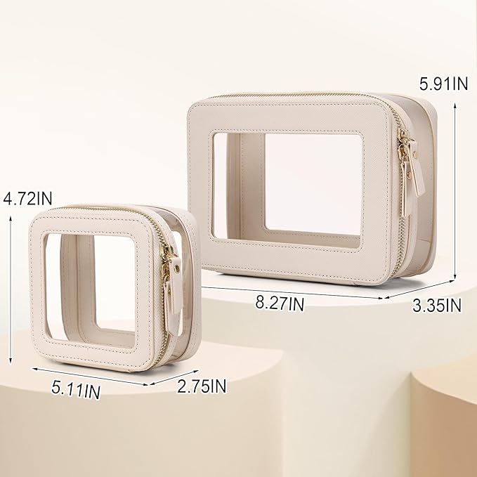 Pinkmik Clear Makeup Bag with Zipper Waterproof Travel Makeup Set for Cosmetics and Toiletries Women's Purse Organizer and Car Essentials (Beige, M+MINI-1)