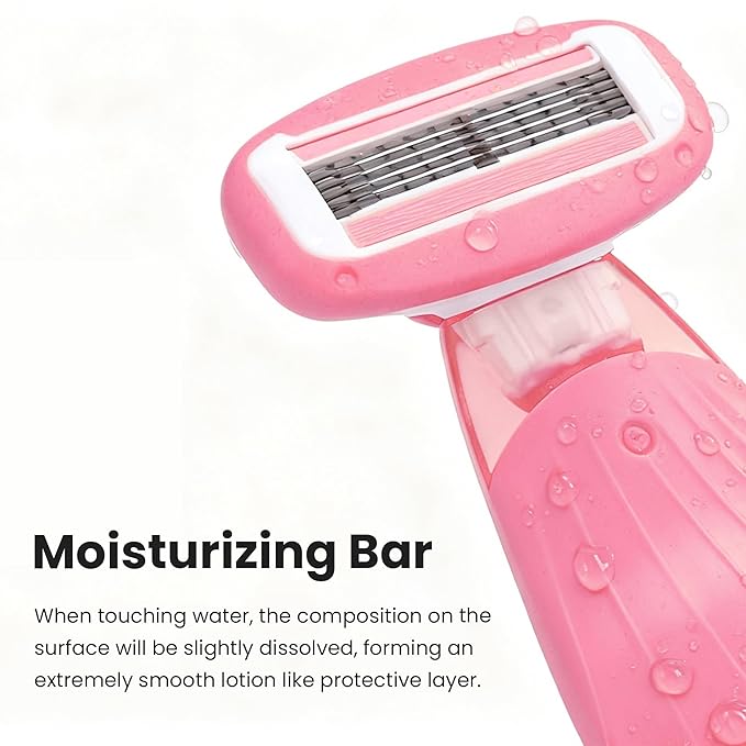 Women Razors moisturizing bar for Sensitive Skin, Travel Razors Shaving Kit Essential - 5-Blade for Sensitive Skin - Bikini, Legs, Underarms - 1 Handle & 3 Refill Cartridges - Pink