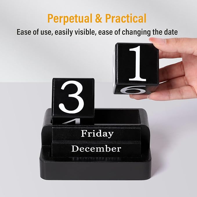 Wooden Block Calendar for Desk, Daily Desktop Perpetual Desk Calendar, Modern Farmhouse Aesthetic Desk Accessories for Home Office Decor, Teacher, Classroom, Reusable Yearly, Black
