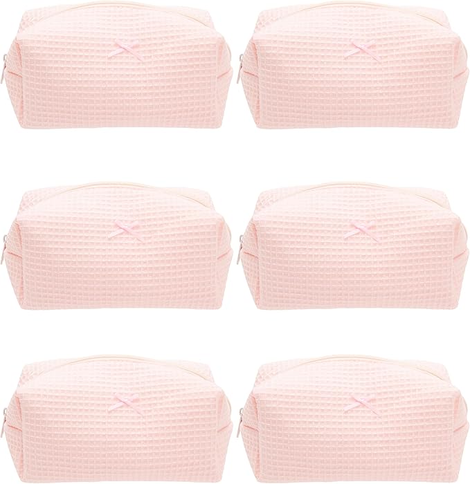 6PCS Cozy Makeup Bag Travel Cosmetic Bag for Women Soft Toiletry Bag Aesthetic Makeup Organizer Portable Large Zipper Pouch for Skincare Beauty Accessories Brushes Waffle Check Light Pink
