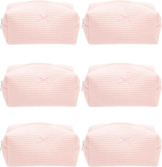 6PCS Cozy Makeup Bag Travel Cosmetic Bag for Women Soft Toiletry Bag Aesthetic Makeup Organizer Portable Large Zipper Pouch for Skincare Beauty Accessories Brushes Waffle Check Light Pink