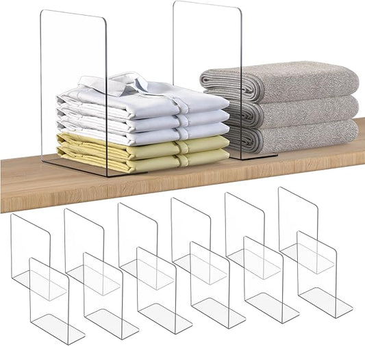 OKPOW Shelf Dividers Closet Organizer - 12" Tall X 9" Deep Acrylic Clear Sturdy Separate for Clothes Purse - Adjustable Space Saver Easy Install for Home Organization Enthusiasts 12 Pack