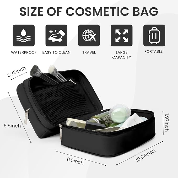 Travel Cosmetic Bag Women Portable Makeup Case Organizer Wide-open Toiletry Pouch for Cosmetics Toiletries (Black)