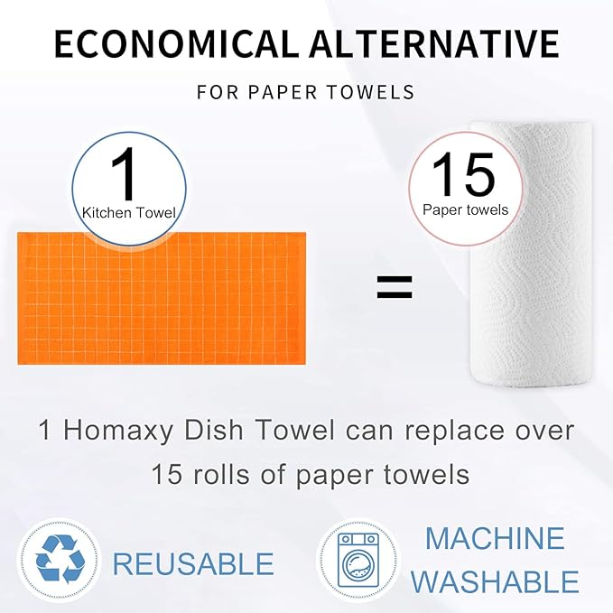 Homaxy 100% Cotton Terry Kitchen Towels(Orange, 13 x 28 inches), Checkered Designed, Soft and Super Absorbent Dish Towels, 6 Pack