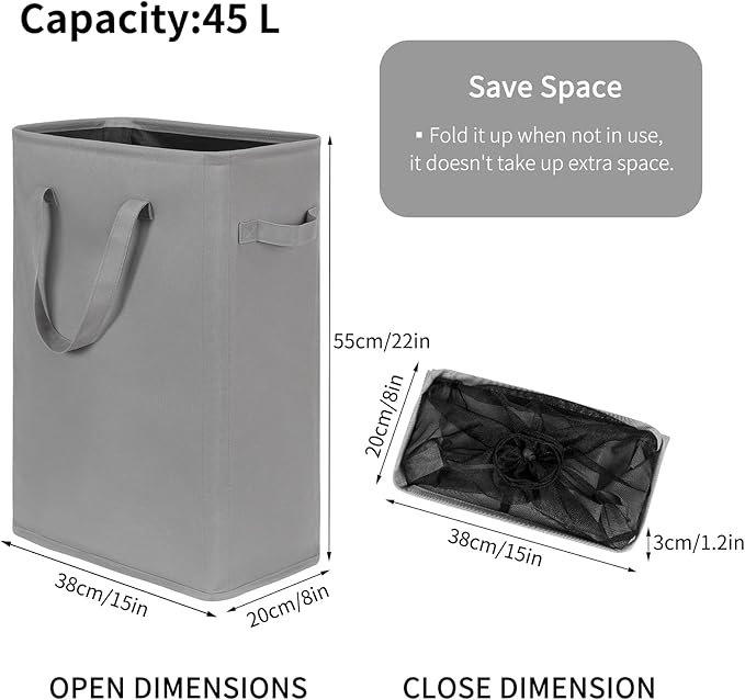Chrislley 45L Slim Laundry Hamper Narrow Laundry Basket with Handle Foldable Dirty Clothes Portable Skinny Hamper Organizer Storage Bins (22 inches, grey)
