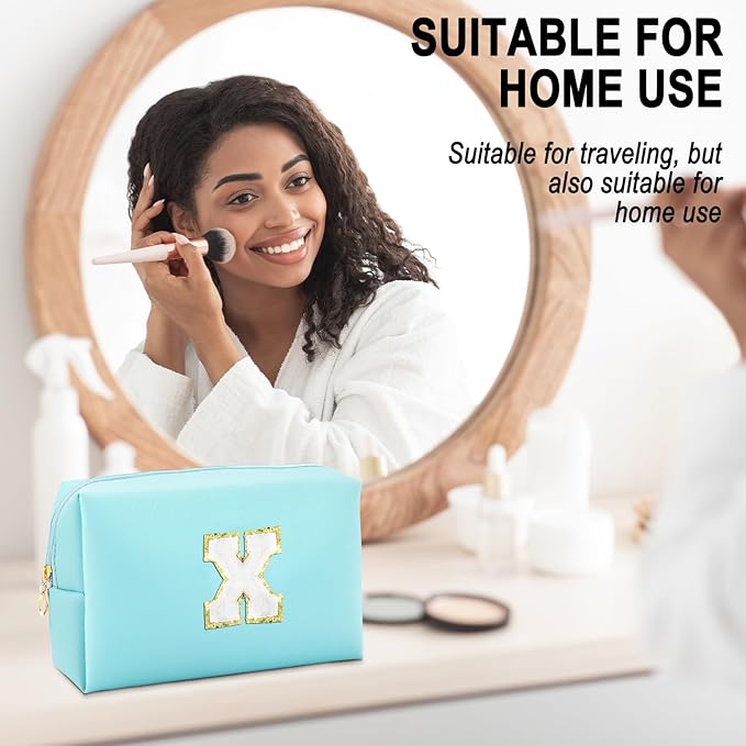Gifts for Girls Initial Makeup Bag Personalized Cosmetic Bag with Zipper Cute Travel Toiletry Bag Waterproof PU Preppy Makeup Pouch Birthday Gift for Teen Girls Women(Blue X)