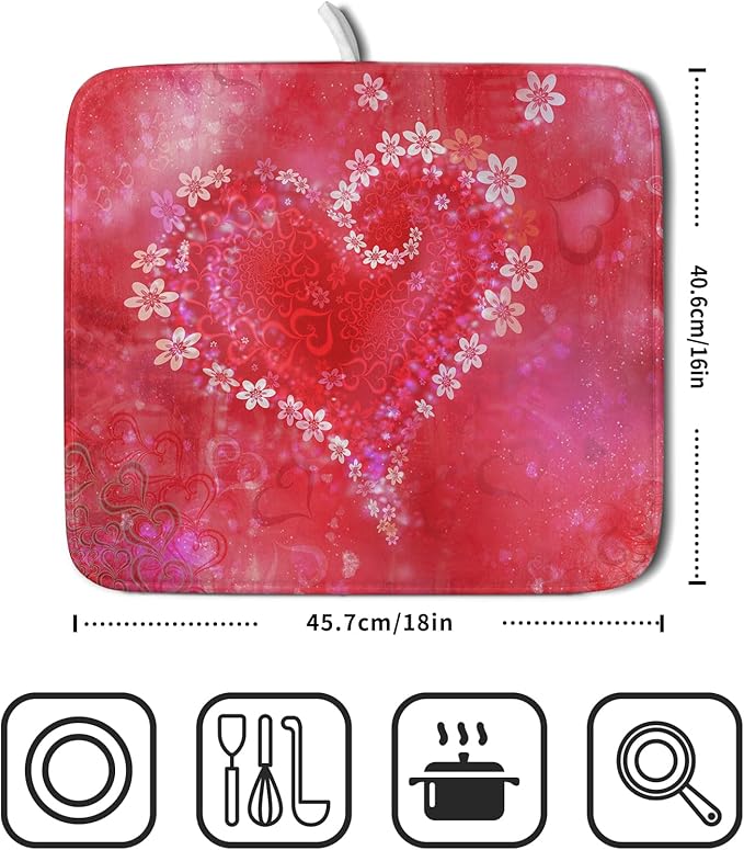 Valentines Day Dish Drying Mat for Kitchen Counter Red Heart Flower Decor Drying Mat 16 x 18 Inch with Absorbent Reversible Microfiber Dish Drying Pad Dish Rack Drainer Mat for Coffee Bar