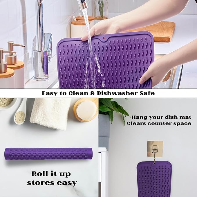 ZLR Silicone Dish Drying Mat for Kitchen Counter, Eco-Friendly Fast Dry Dish Mat, Easy Clean Multi Usage Drying Matt, Heat Resistant Trivet, 12" x 12" Middle, Meadow Violet