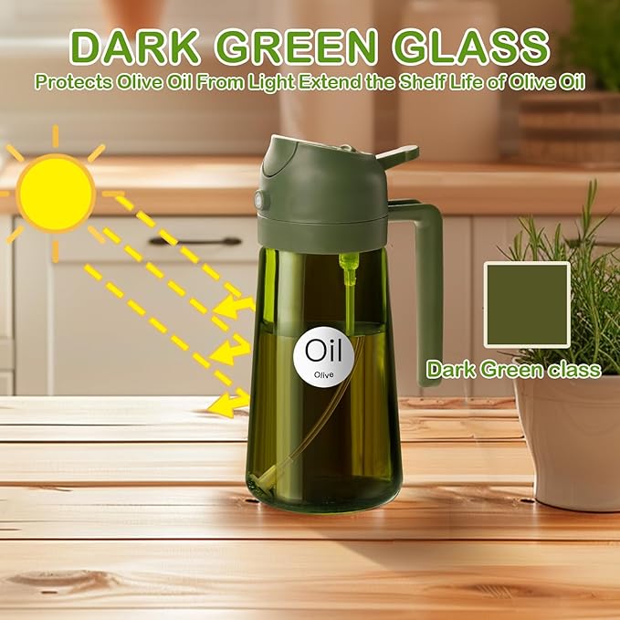 YARRAMATE 2Pcs 16oz/470ml Dark Green Oil Sprayer for Cooking with Stickers, Food-grade Premium 2 in 1 Olive Oil Dispenser Bottle for Kitchen Gadgets, Air Fryer, Salad, Frying, BBQ (Black&OliveGreen)