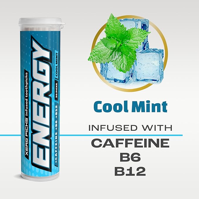 Xero Picks Energy Caffeine Flavored Toothpicks B12 for Focus & B6, 60 Picks (Pack of 3) (Cool Mint) Sugar-Free Alternative to Energy Mints & Gum - Kosher