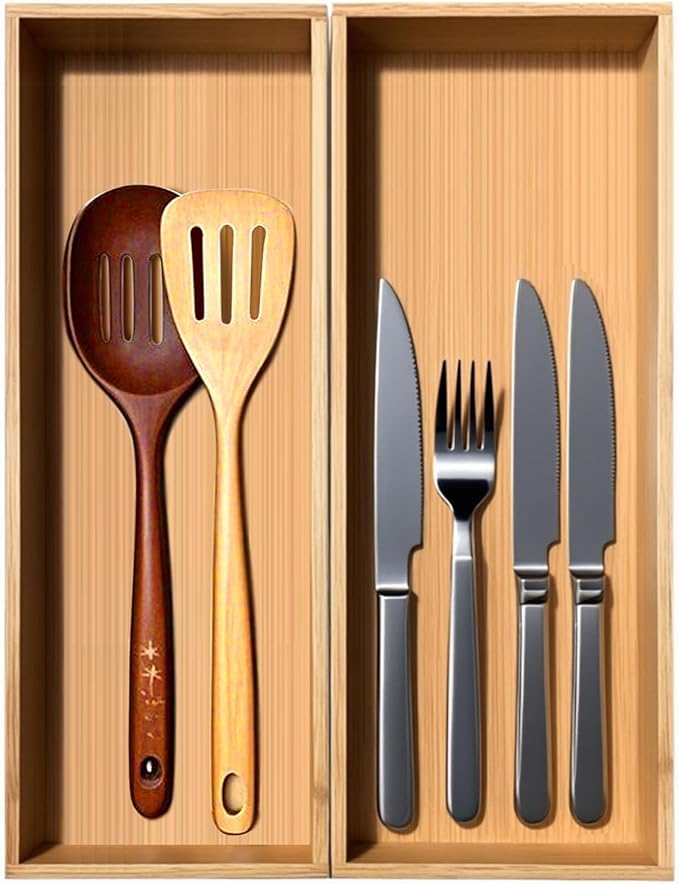 Set of 2 Bamboo Drawer Organizer, Stackable Utensil Organizer for Kitchen, Bamboo Storage Box Wood Silverware Tray for Drawer