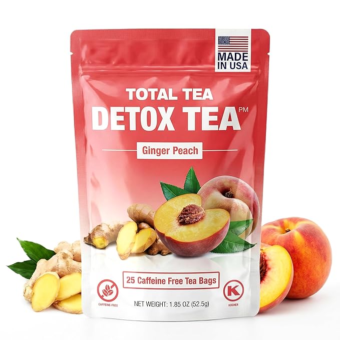 Total Tea SIimming Detox Tea Caffeine Free - 25 Day Detox - Weight l0ss for women with Chamomile, Hibiscus Tea & Ginger Root for Colon Cleanse – Natural Herbal Ginger & Peach Fruit Tea for Digestive Health