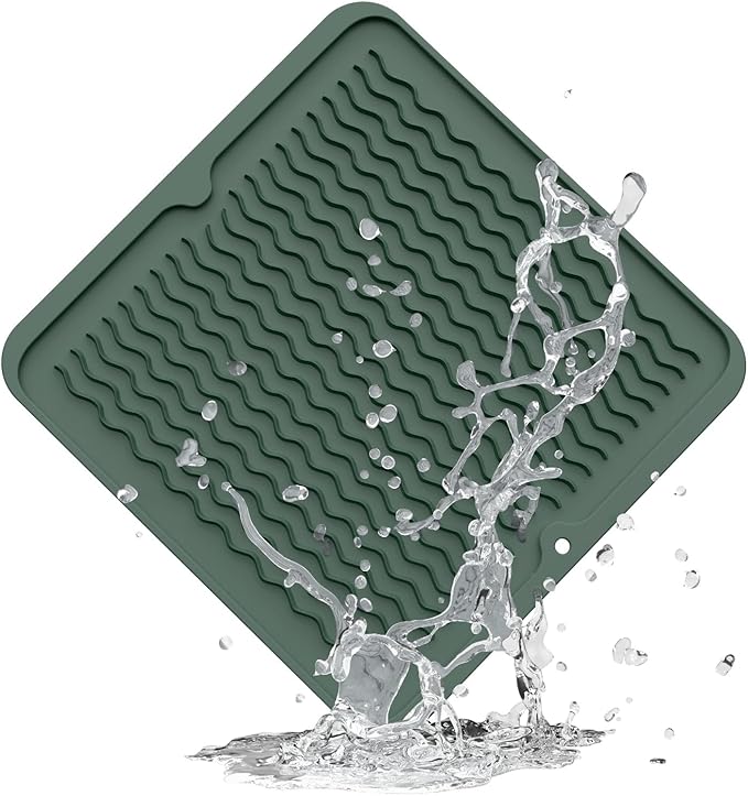 ZLR Silicone Dish Drying Mat for Kitchen Counter, Eco-Friendly Fast Dry Dish Mat, Easy Clean Multi Usage Drying Matt, Heat Resistant Trivet, 12" x 12" Middle, Dark Green