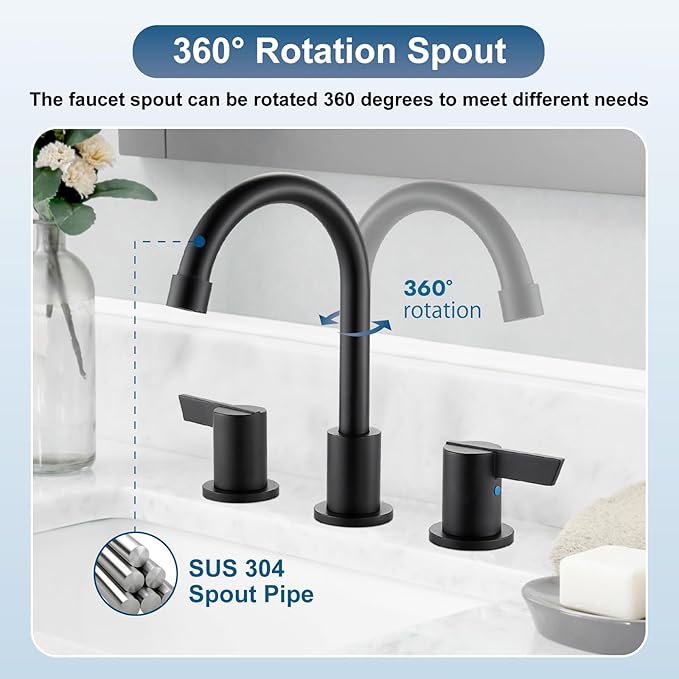 Cinwiny Bathroom Sink Faucet 3 Hole, 8 Inch Widespread Bathroom Sink Faucet with 2 Handles, Pop-up Drain & Hair Catcher Included for Vanity RV Farmhouse Sink, Matte Black