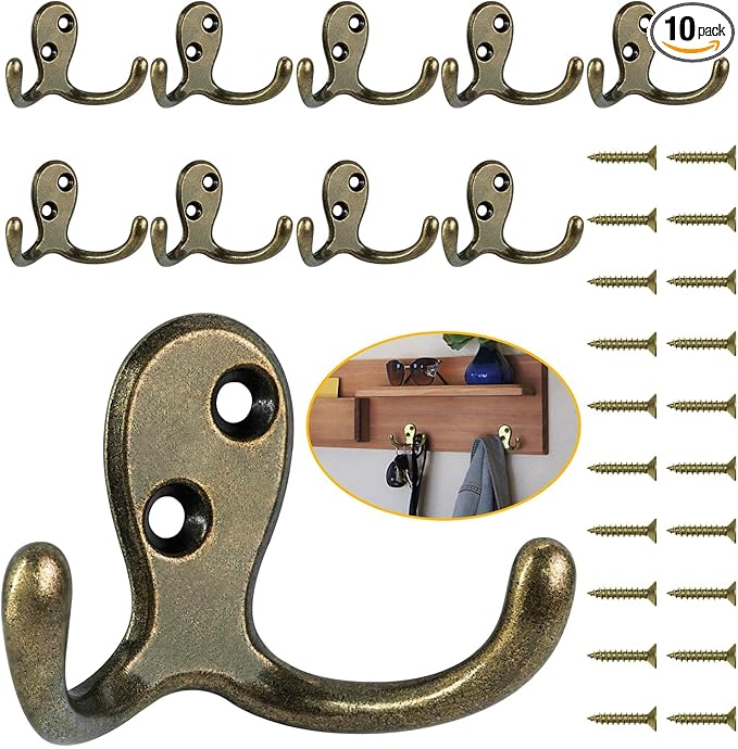 10 Pack Coat Hooks, Heavy Duty Double Prong Coat Hooks Wall Mounted with 20 Screws, No Rust Antique Brass Metal Wall Hooks for Hanging Towel, Coat, Bag, Hat, Cup, Key