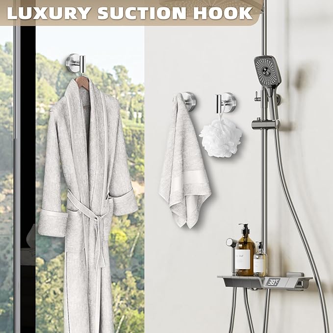 Suction Cup Hooks for Shower - Reusable Bathroom Hooks for Towels, Robes & Loofahs - No-Drill Mounting on Kitchen, Walls, Metal, Glass, Mirrors, Tile & Smooth Non-Porous Surfaces (4, Brushed Nickel)