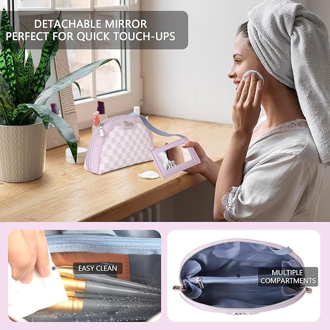BOYATU Small Travel Makeup Bag for Women: Elegant Vegan Leather Cosmetic Pouch for Purse - Waterproof Toiletry Bag with Mirror(021-Purple)