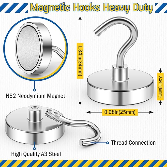 FINDMAG Magnetic Hooks, 80lbs Extra Strong Cruise Magnets, Heavy Duty Magnets with Hooks, N52 Neodymium Magnetic Hooks for Hanging, Fridge, 2026 Cruise Cabin Ship Essentials, Travel (6 Pack, Silver)