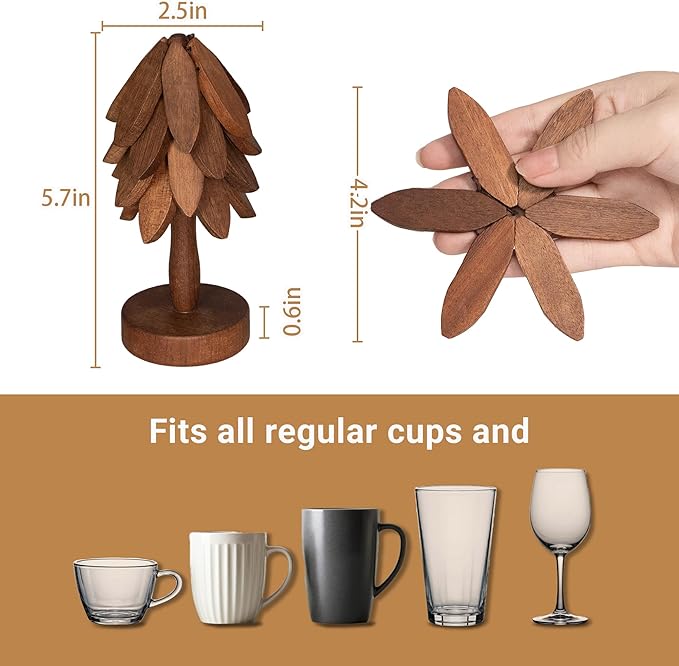 Yuoyar Coasters, Wooden Tree-Shaped Sapeli Wood Drink Coasters Set for Coffee Table, Kitchen Table Decor