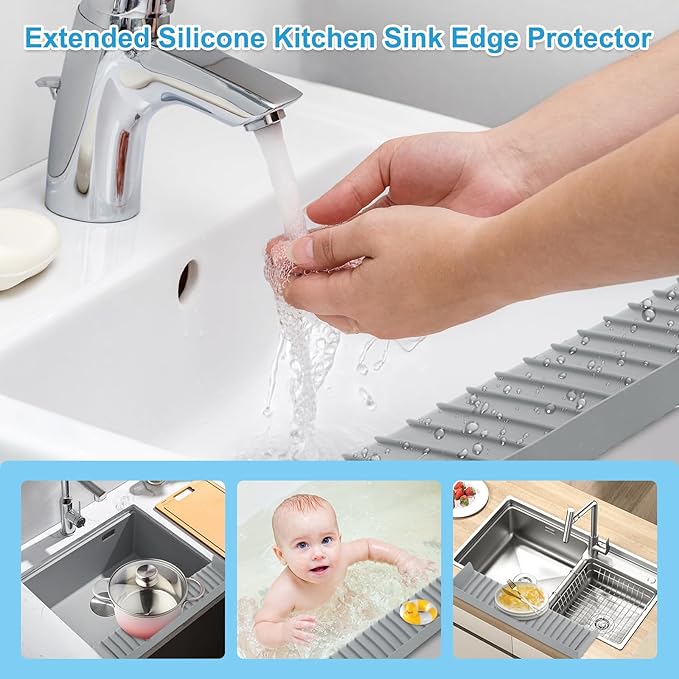 Silicone Faucet Splash Guard 4" x 14", Faucet Water Catcher Mat, Longer Silicone Sink Mat for Kitchen, Bathroom, Laundry Room, Farmhouse for Quartz Kitchen Sink（Gray）