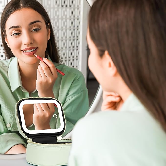 Small Makeup Bag with Led Mirror, Mini Travel Make up Bag 3 Light Modes Adjustable Brightness, for Women Organizer Cosmetic Bag, Portable Travel Train Toiletry Bag, for Pool Parties Work Touch-Ups