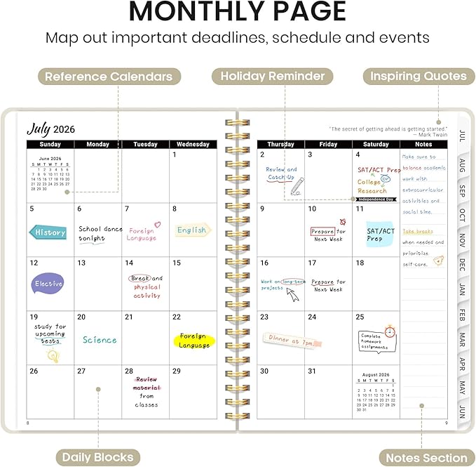 Planner 2026-2027 for Women & Men, Academic Monthly and Weekly Calendar Planner, Jul 2026 - Jun 2027, A5 (6.3" x 8.5"), Teacher Student Planning Book with Tabs, Ideal for Office School Supplies - Beige
