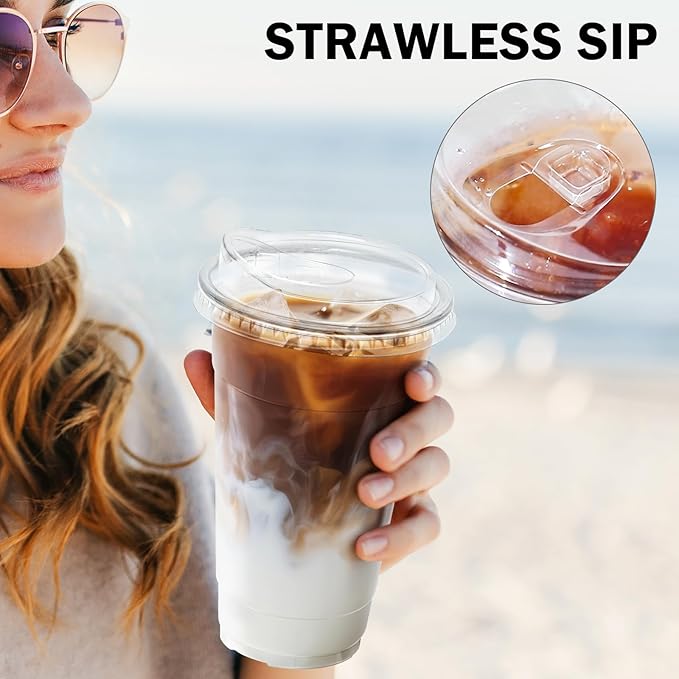 BYSNOW 50 Pack 24 oz Clear Plastic Cups with Lids, Disposable Iced Coffee Cups with Sip Lids, Sturdy Plastic Smoothie Cups for Cold Drinks