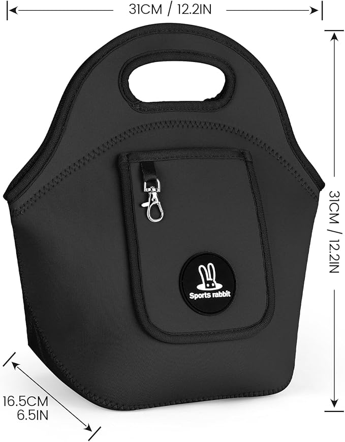 Sports Rabbit Insulated Neoprene Lunch Bag for Women – Foldable Lunch Tote with Front Pocket for Phone & Keys – Reusable, Lightweight, Waterproof, Easy Clean – Ideal for Work, Travel, Picnic (black)