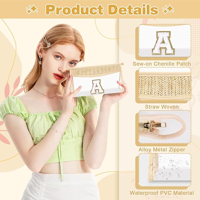 Personalized Initial Letter Bag Boho Straw Clear Makeup Bag, Small Cute Chenille Varsity Letter Bag With Zipper, Beach Travel Toiletry Bag, Portable Monogrammed Cosmetic Bag for Women Girls, A