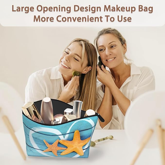 Beach Starfish Cosmetic Bag Coastal Blue Wooden Makeup Bags,Travel Make up Bags for Women Girls Cute Zipper Pouch Toiletry Organizer Bag Travel Essentials