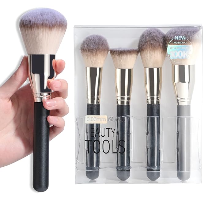 BS-MALL Soft Professional Makeup Brush Set - 4 Pcs Travel-friendly Brushes Including Foundation Brush for Liquid Makeup, Powder Brush & Blush Brush,Daily use (Black Silver)