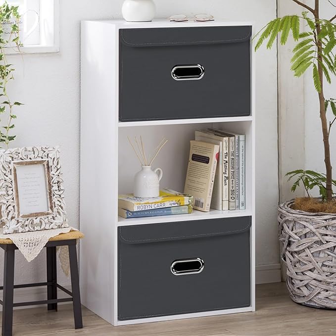 Fabric Foldable Collapsible Storage Cube Bin Organizer Basket with Lid, Handles, Removable Divider for Home, Closet (Grey, 6Pcs)