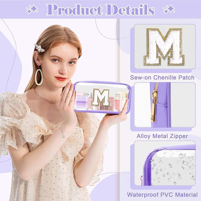 Personalized Initial Letter Clear Makeup Bag, Preppy Small Nylon&PVC Cosmetic Zipper Bag with Chenille Letter, Travel Skincare Toiletry Bag, Monogram Christmas Gift for Teen Girls Women, M