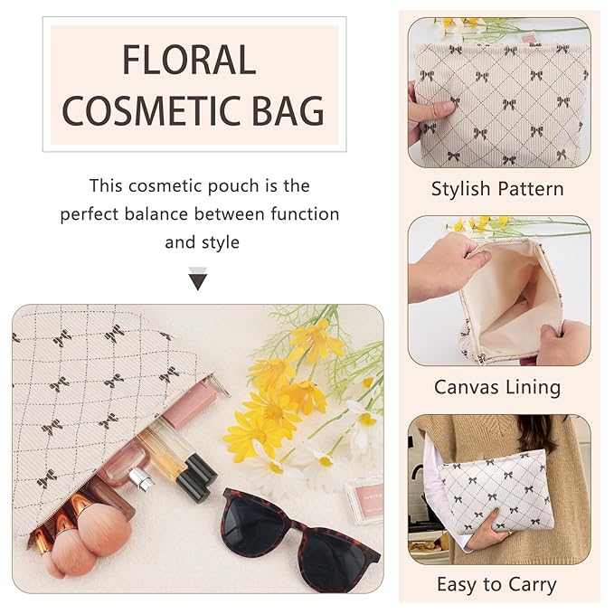 ZLFSRQ Corduroy Makeup Bag for Women Preppy Large Capacity Cosmetic Bags Travel Toiletry Organizer Pouch for Purse Zipper Makeup Brushes Storage Tote Bag Cute Y2K Aesthetic Essential Bags（Khaki Bow）