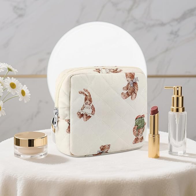 Small Quilted Cotton Makeup Bag for Purse Mini Cosmetic Period Bag for Women Cute Small Bear Makeup Sanitary Pouch Portable Travel Toiletry Bags with Zipper Christmas Birthday Gifts