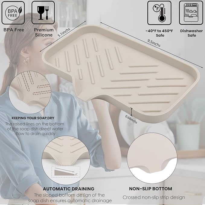 YASMEN Silicone Bathroom Soap Dishes, Sink Sponge Holder for Kitchen, Rubber Soap Dish with Drain, Shower Soap Sponge Tray, Sink or Counter Organizer, for Bar Soap, Bottle, Dish Soap Dispenser-Tapioca