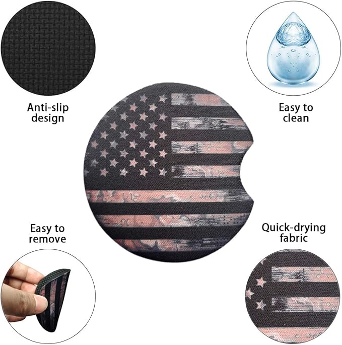 Moly Magnolia Car Coasters for Drinks Absorbent, 2 Pack Cute Car Coasters for Women, Car Cup Holder Coasters for Your Car with Fingertip Grip, Auto Accessories for Women & Lady (Flag)