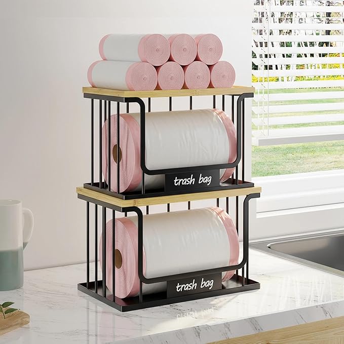 1 Pack Trash Bag Holder, Stackable Garbage Bag Dispenser Under Sink with Bamboo Top & Metal Base for Kitchen Countertop Organization and Storage, Laundry, Pantry Organizer (Black, 11.2" × 6.7" × 7.1")