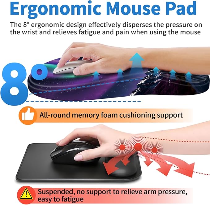 YIWEI Ergonomic Mouse Pad with Wrist Rest - Comfortable Office Mousepad with Memory Foam Wrist Support for Carpal Tunnel Relief, Mouse Pads with Non-Slip Base for Gaming and Home (Aurora)