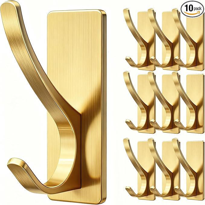 10 Pack Self Adhesive Coat Hooks for Hanging, Heavy Duty Stainless Double Wall Hook for Towel, Backpack, Hat, Sturdy Metal Hanger for Bathroom, Bedroom, Door, Wall Mounted, Brushed Gold