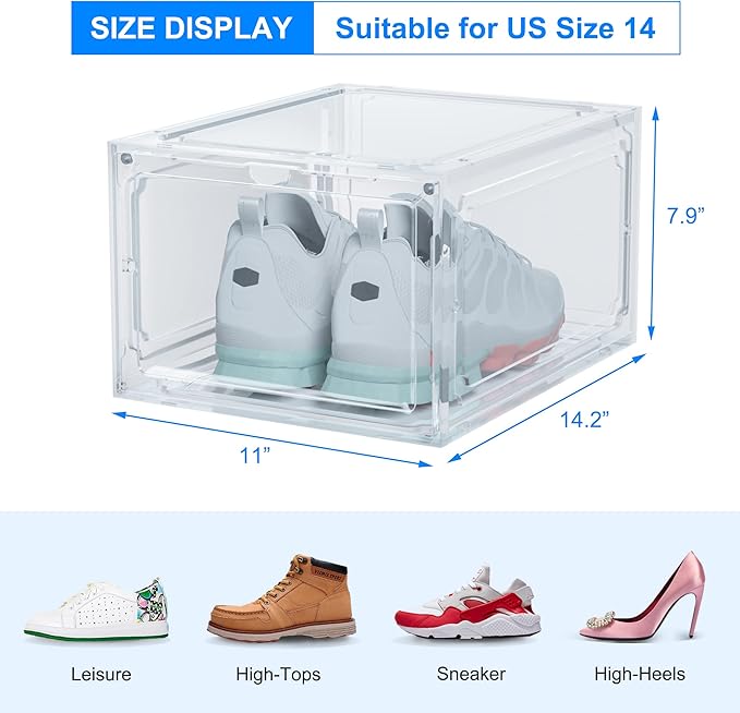 HIYOHIYO 1 Pack Shoe Boxes Clear Plastic Stackable, Sneaker Containers Magnetic Shoes Storage Box Foldable Drop Front Organizer Shoes Cases for Home Display Bins Fit up to Size 14 (14.2"x 11"x 7.9")