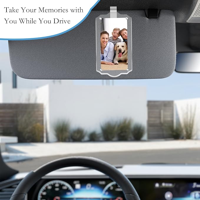 2Pcs Car Hanging Photo Holder, Universal Magnetic Car Picture Frame Rear View Mirror Accessories Personalized Transparent Acrylic Ornaments Decor for Dads Gift