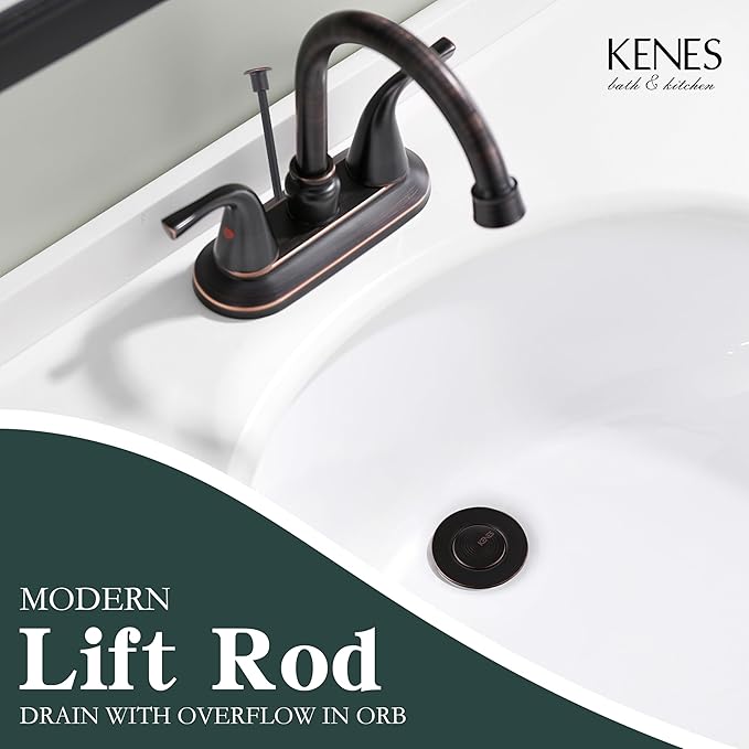 KENES Oil Rubbed Bronze Bathroom Sink Drain Assembly with Lift Rod, Bathroom Sink Drain with Overflow, Lavatory Pop Up Drain Stopper for Bathroom Vanity Sink, LJ-P701-8