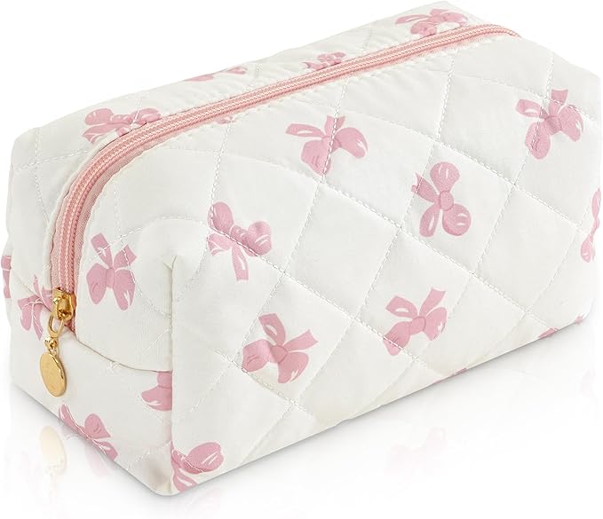 UUUYUUY Makeup Bag Travel Toiletry Bag for Women, Small Cosmetic Bags Cute Quilted Cotton Makeup Pouch for Purse Emergency Bag for School Floral Pencil Case Accessory Bag, Pink Bow