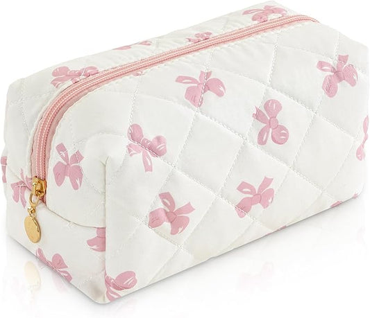 UUUYUUY Makeup Bag Travel Toiletry Bag for Women, Small Cosmetic Bags Cute Quilted Cotton Makeup Pouch for Purse Emergency Bag for School Floral Pencil Case Accessory Bag, Pink Bow