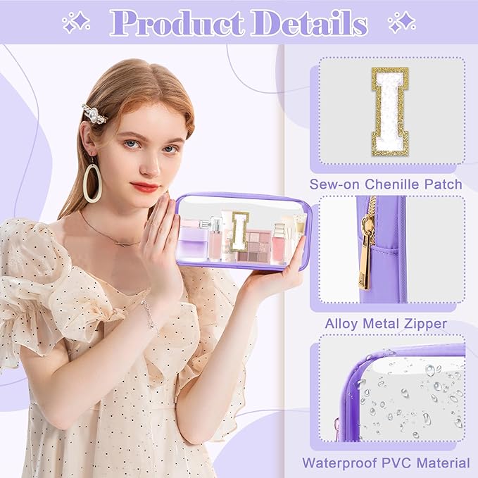 Personalized Initial Letter Clear Makeup Bag, Preppy Small Nylon & PVC Cosmetic Zipper Bag with Chenille Letter, Travel Skincare Toiletry Bag, Monogram Christmas Gift for Teen Girls Women