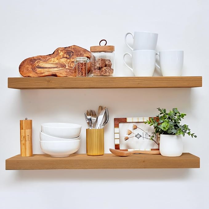 Homeforia 30 inch Golden Oak Floating Shelf, High-End Solid Real Wood 30-inch Small Floating Shelves for Wall Mounted, Oak Wooden 30-inch Floating Shelves, Heavy Duty Bracket, 30 X 6.5 X 1.75 in, Set of 3
