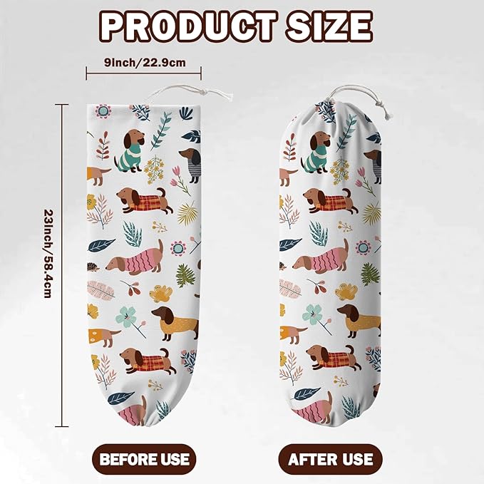 Plastic Bag Holder, Grocery Bag Organizer Storage, Kitchen Dispenser Holders Reusable Shopping with Free Adjustment Drawstring Closure for Home Kitchen Decor, Dachshund